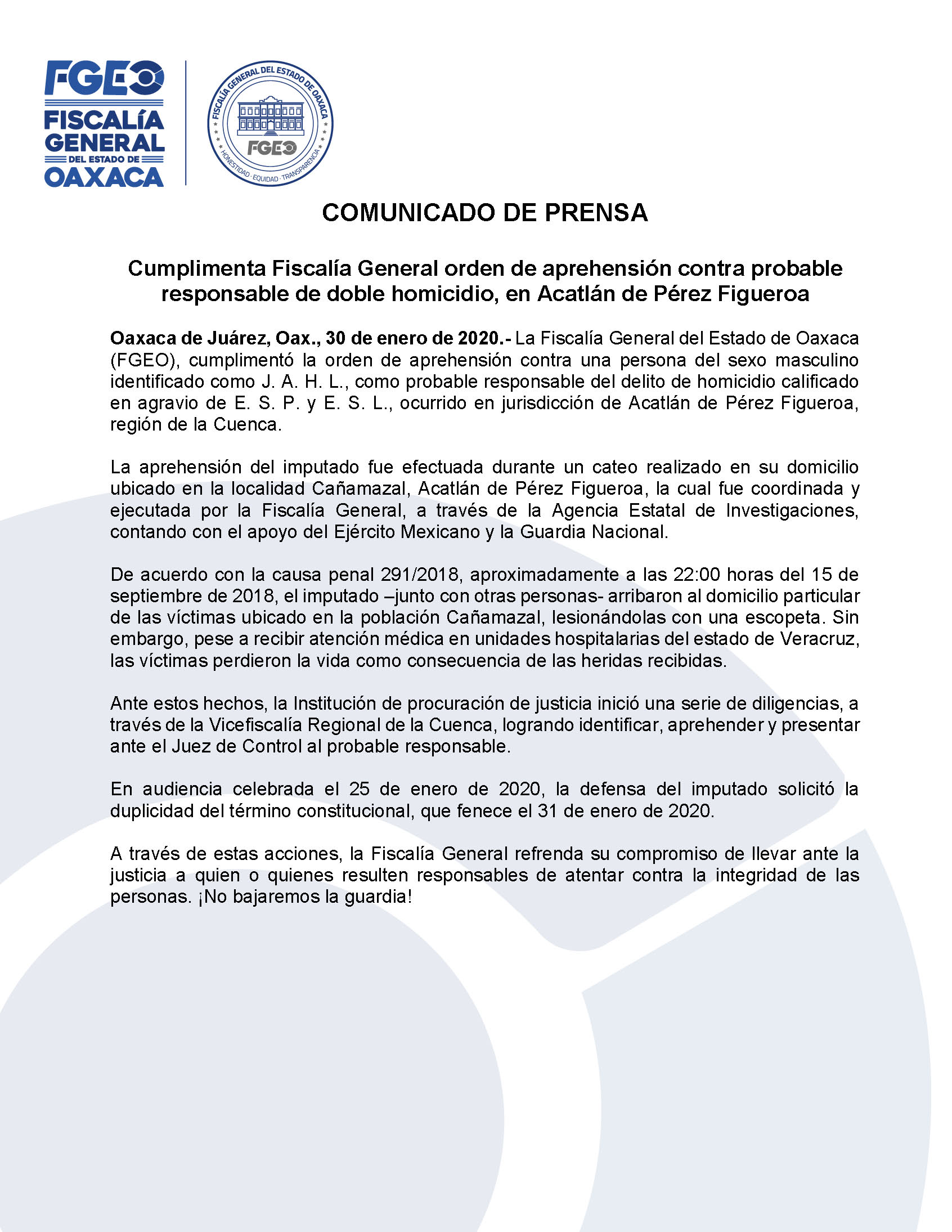 Cumplimenta Fiscalía General Orden De Aprehensión Contra Probable Responsable De Doble Homicidio